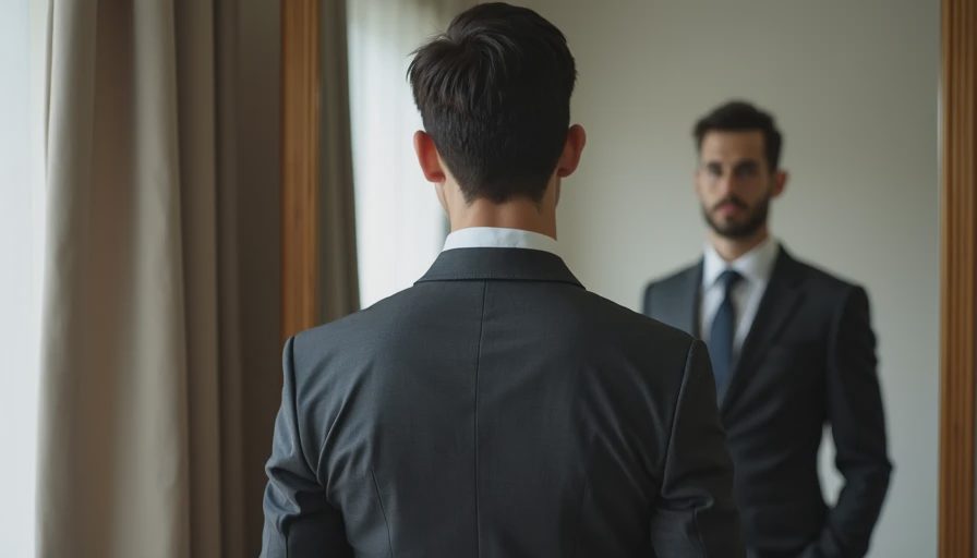 Young man trying on his first properly fitted suit in mirror