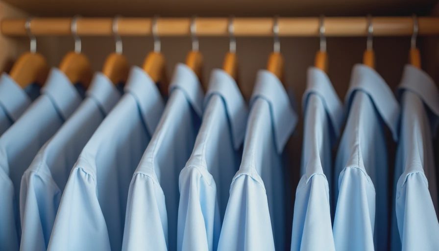 Organized closet with multiple identical reliable dress shirts hanging neatly