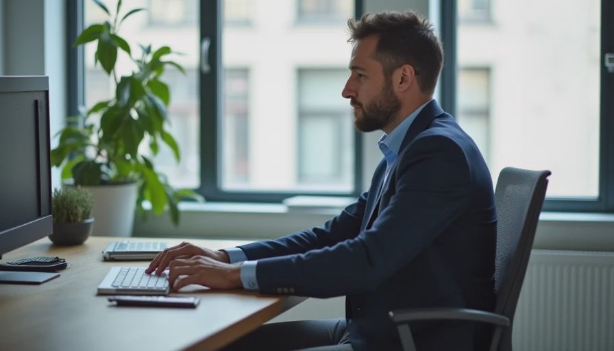 Man in appropriate 2026 business casual attire at work desk