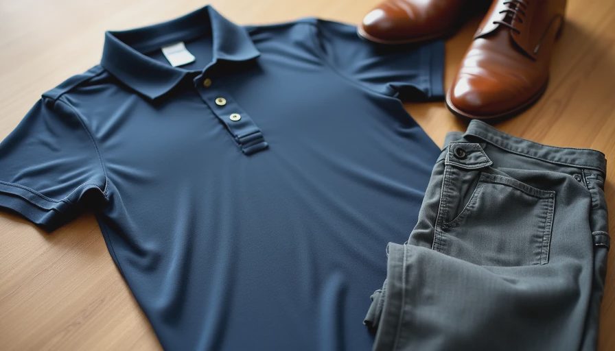 Clean navy polo shirt and gray chinos suitable for bowling league