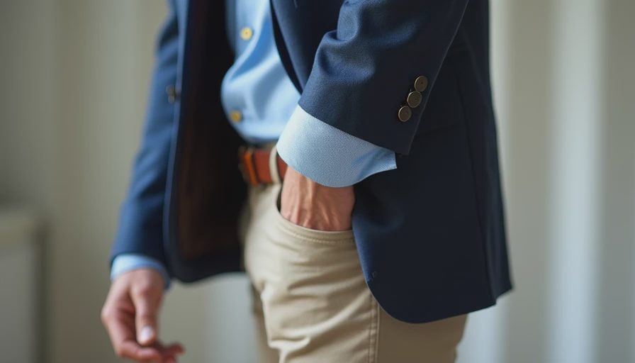 Proper fit details of navy sport coat, dress shirt, and khaki pants for summer wedding